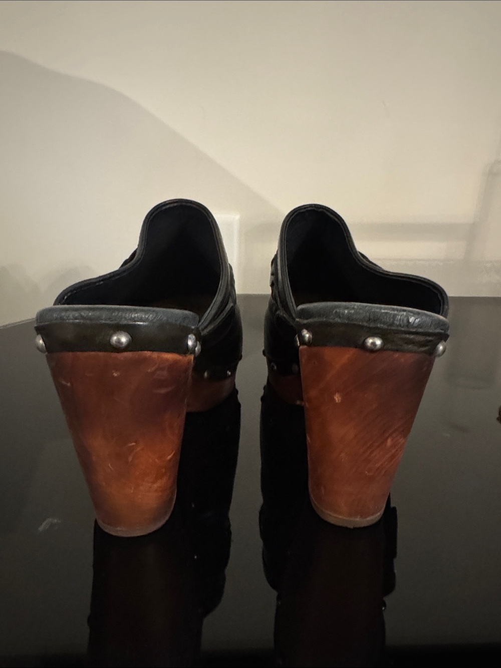 UGG Black Leather Braided Clog Mules with Wooden Heel - Picture 3 of 6